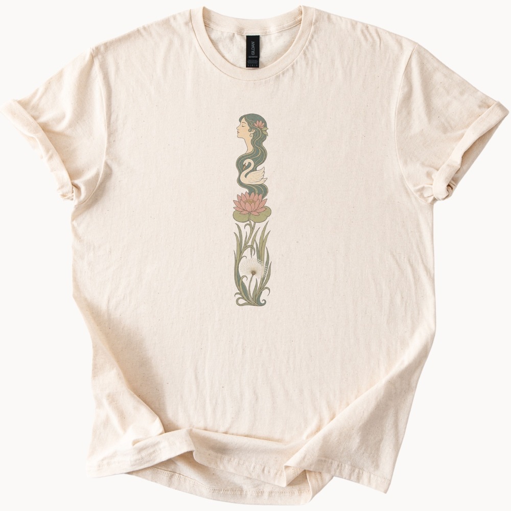 Woman Cradling a Swan in Her Hair with Lotus Tee
